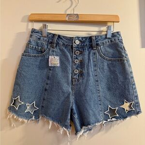 Denim Star Appliqué High-Rise Women's Shorts - Blue